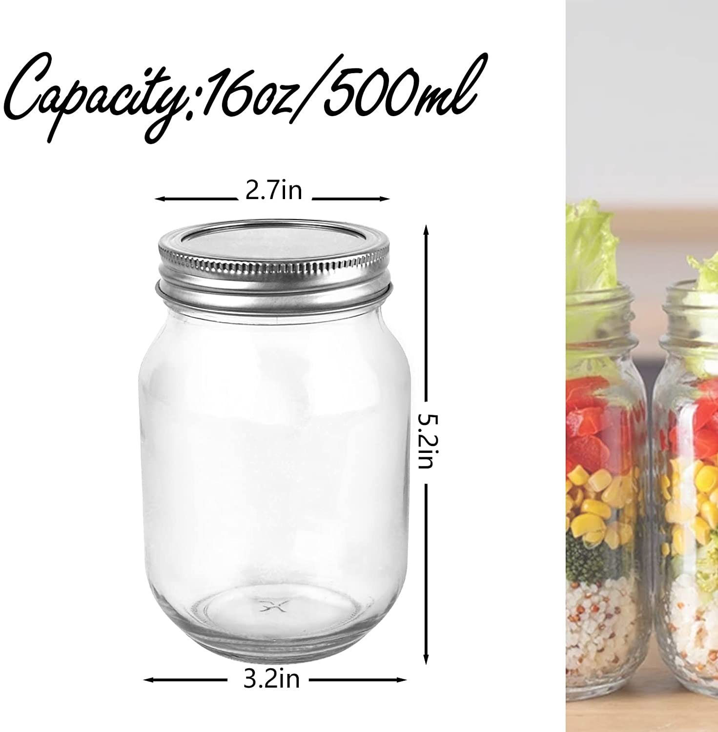 Round 16 oz Mason Jars Canning Jar with Silver Airtight Lids Reusable 500ml Clear Glass Mason Jar for Jam Honey Pick