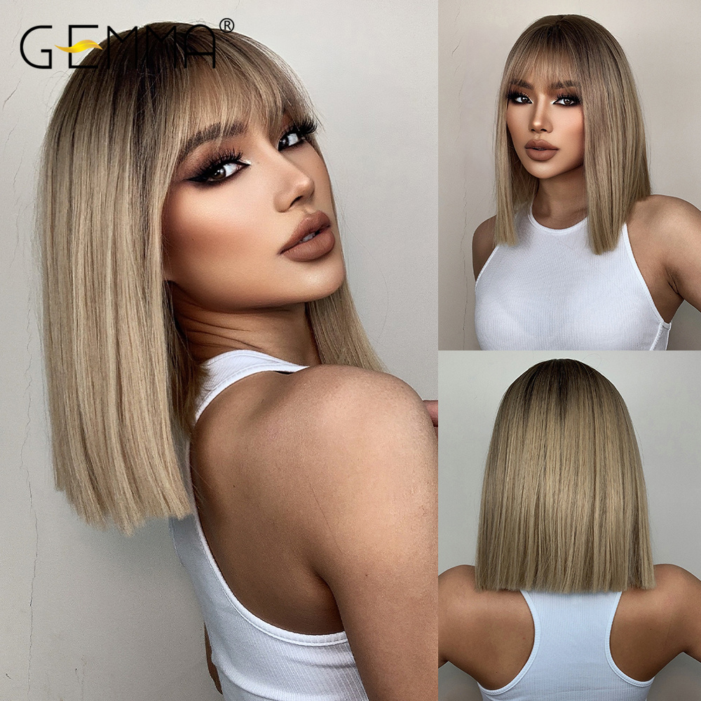 GEMMA – perruques synthétiques Bob courtes et lisses avec frange pour femmes, perruques Afro ombrées noires brunes jaunes blondes, cheveux quotidiens de fête Cosplay: P4 / 27
