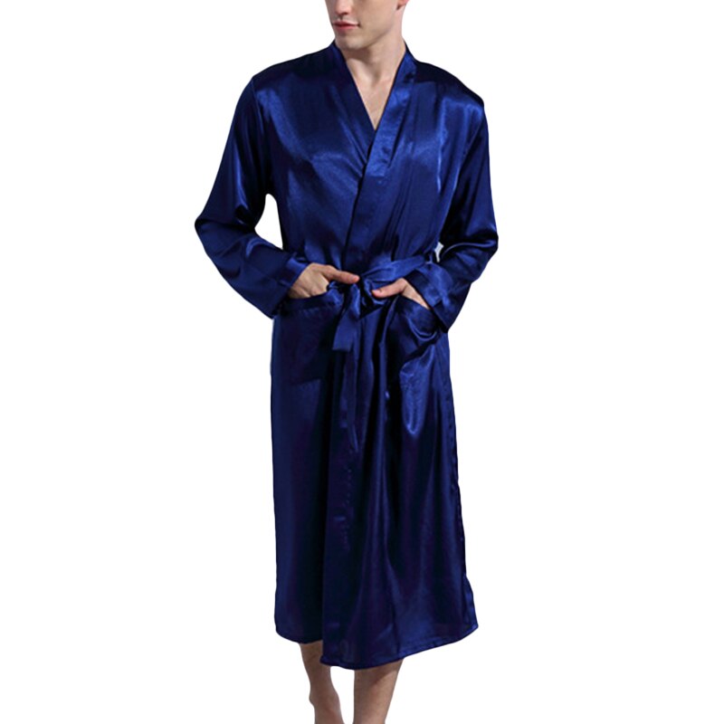 Satin Silk Robes Men Solid with Belt Men's Bathrobe Male Robes Pocket Men Clothing Loungewear Sleepwear Kimono Men Bathrobes: dark blue / M