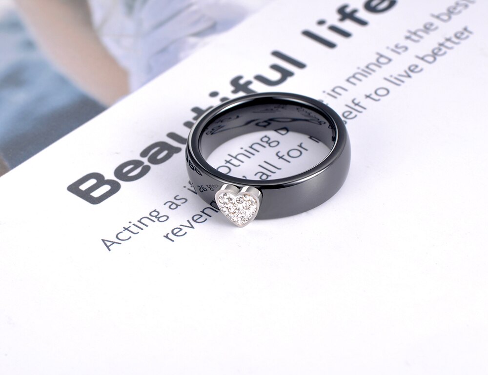 AENINE Trendy Black Ceramic Heart Crystal Wedding Rings Jewelry For Women Stainless Steel Rhinestone Bohemia Party Ring AR19114