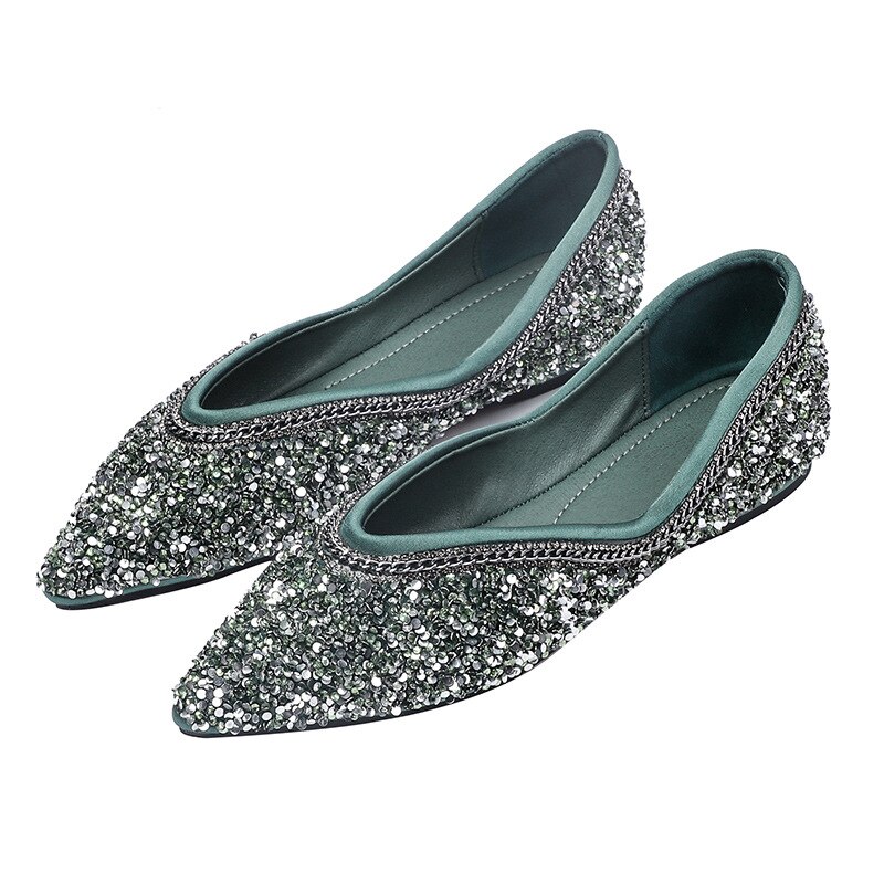 Rhinestone Bling Shoes Women Flats Pointed toe Ladies Casual Shoes Slip on Comfortable Woman Boat Shoes Big Size A1655: Green / 8.5