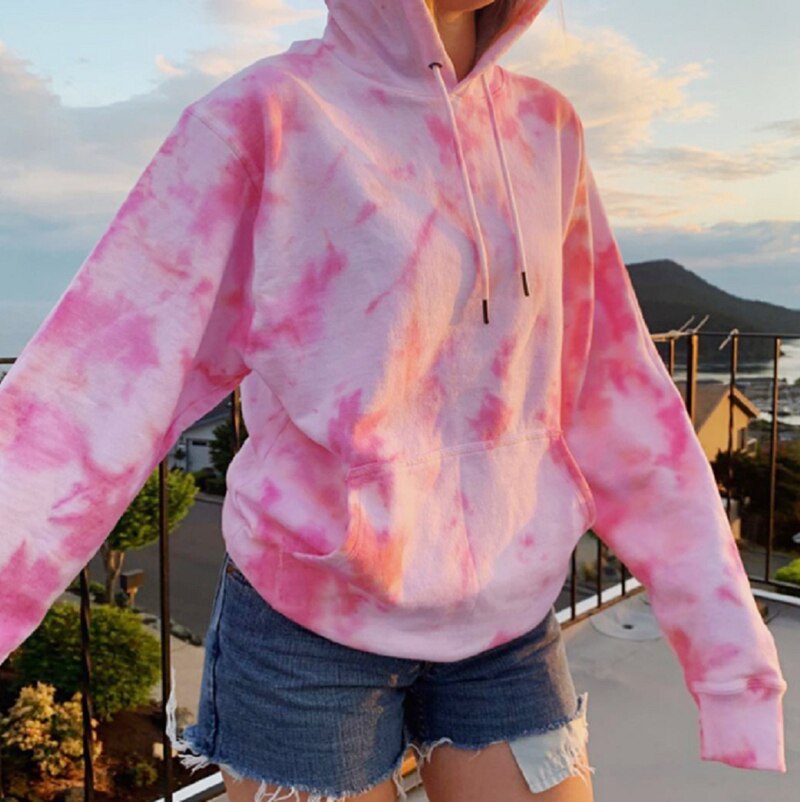 2020 nuove Donne di Inverno Felpe Felpa Moda Tie Dye Stampa di Grandi Dimensioni Coulisse Manica Lunga Streetwear Cappotto Con Cappuccio moletom: XL / Colore rosa