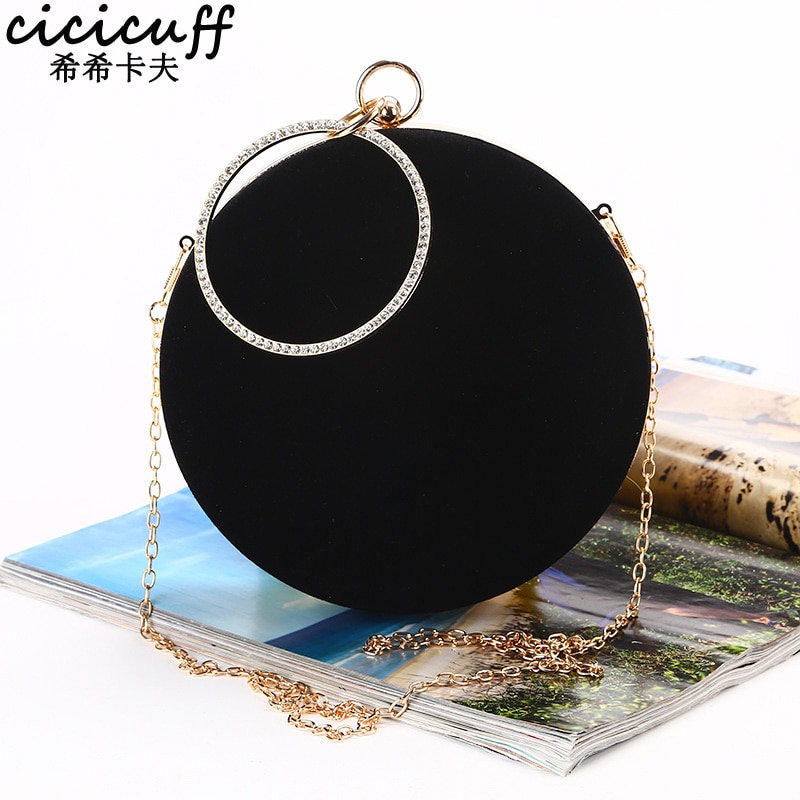 CICICUFF 2022 Handmade Round Circular Shape Evening Clutch Bag Women Soft Velvet Chain Shoulder Messenger Bags Classic Black