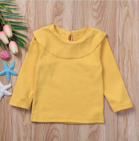 Summer Yellow Solid Cotton Blend Baby T-shirt Baby Girls Kids Long Sleeve Cotton T-shirt Tops Clothes