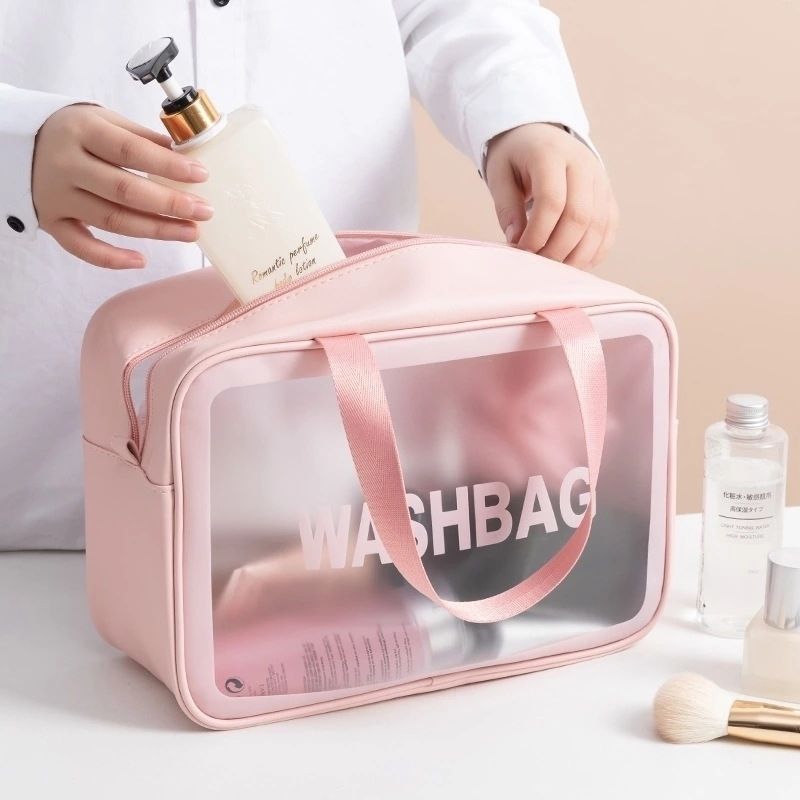 Online Celebrity Makeup Bag INS Large-Capacity Portable Travel Wash Bag Transparent Waterproof Skin Care Storage Box: Pink   Large Size