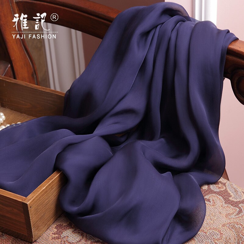 100% real lenço de seda azul escuro feminino natural seda chiffon cachecol xales de seda envolve para senhoras sólida foulard femme senhora: 200-65cm