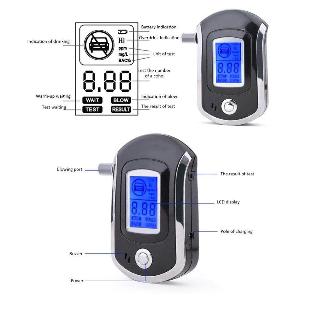 Digital Breath Alcohol Tester Breathalyzer with LCD Display with 5 Mouthpieces AT6000