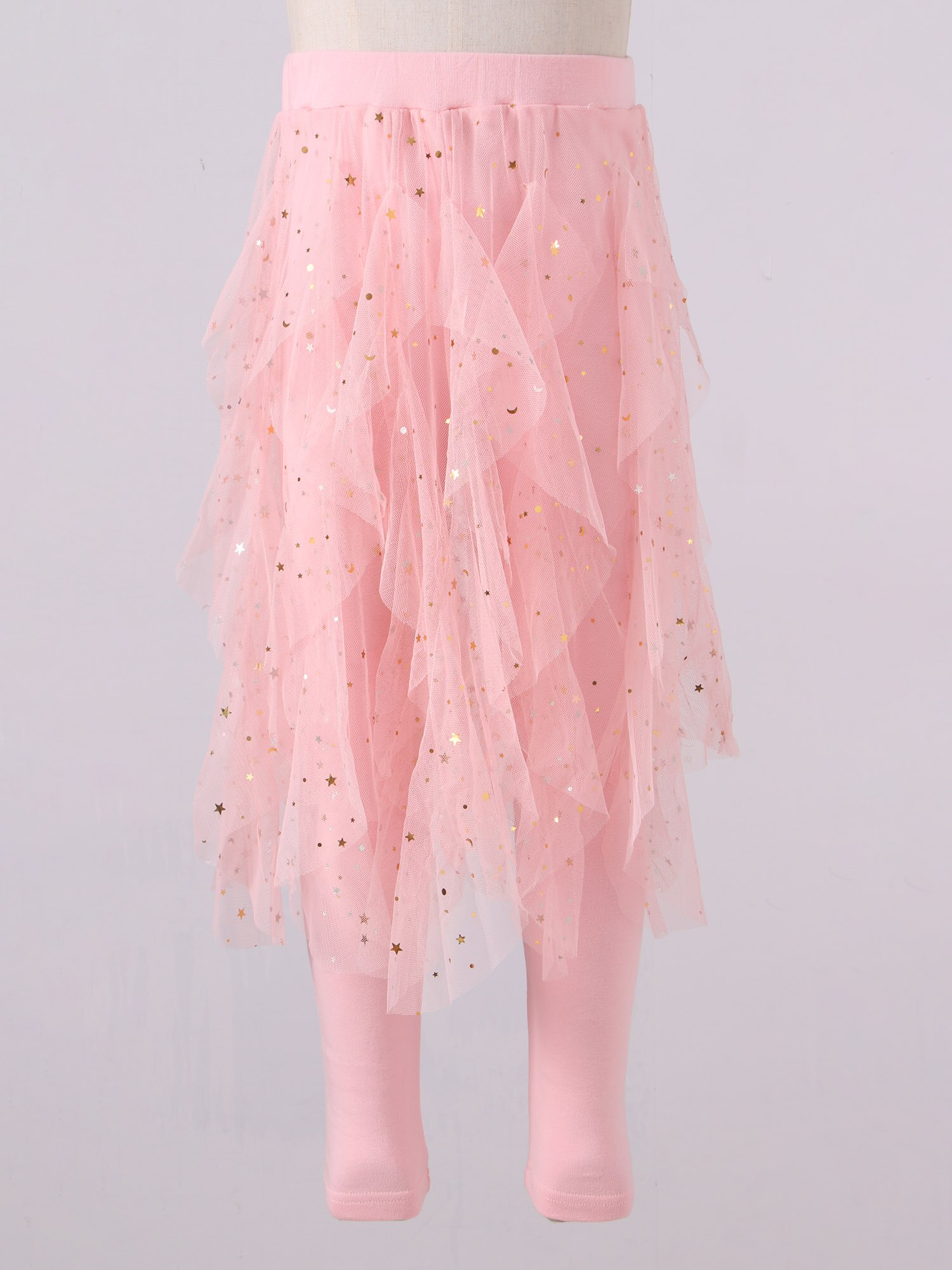 Bambini ragazze abbigliamento Leggings pantaloni con gonne Tutu irregolari vita elastica stelle scintillanti paillettes maglia Tulle culotte collant