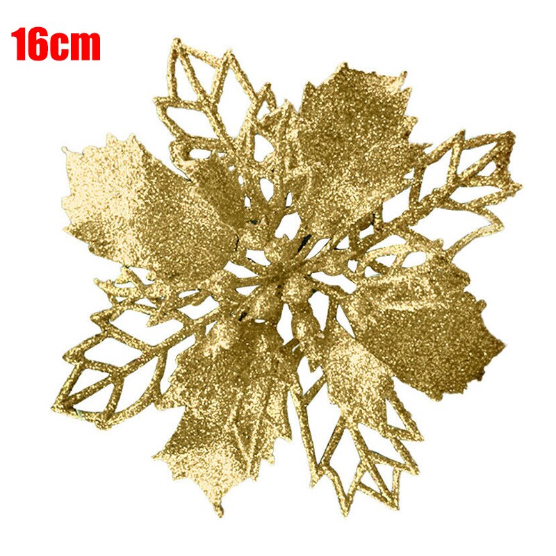 10 Pcs Christmas Poinsettia Glitter Flower Hollow Tree Hanging Decoration for Home Party DC120: Gold-16cm
