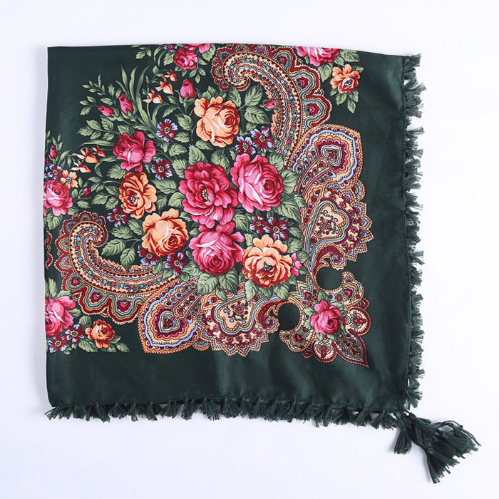 90*90CM Women Russian Style Peony Floral Printed Long Tassel Large Square Scarf Warm Wrap Traditional Ethnic Mexican Shawl: Dark Grey