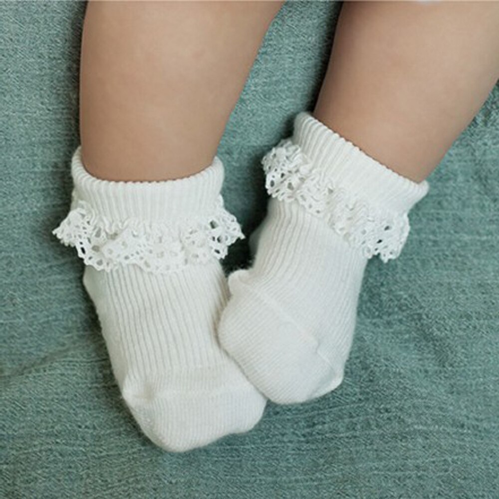 Solid Color Baby Short Socks Cotton Vertical Strip Princess Style Lovely Infant Children Non-slip Lace Socks: S	white