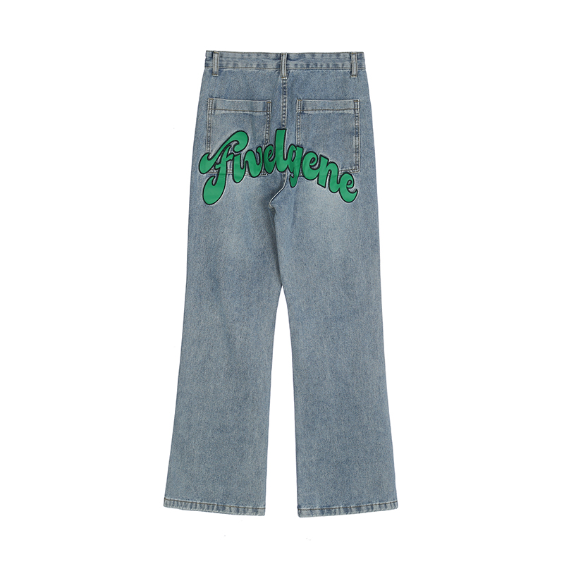 Pu wyszywane litery poszarpane dziury proste dżinsy dla mężczyzn główna ulica myte retro łączone dorywczo spodnie jeansowe luźne ponadgabarytowe