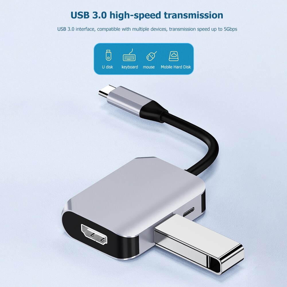 USB Type C Hub 3 in 1 USB C to USB 3.0 60W PD 4K HDMI Adapter for PC Phone