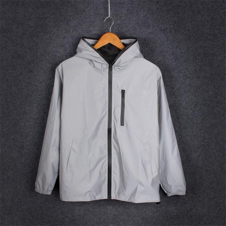 full reflective jacket male / female luminous charge windproof windbreaker jacket hooded hip hop street night bright coat: Beige / XL