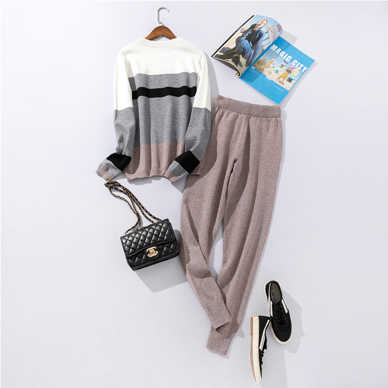 Autumn and winter casual women's knit sweater pants suit knit sportswear color strip stitching wool knit suit