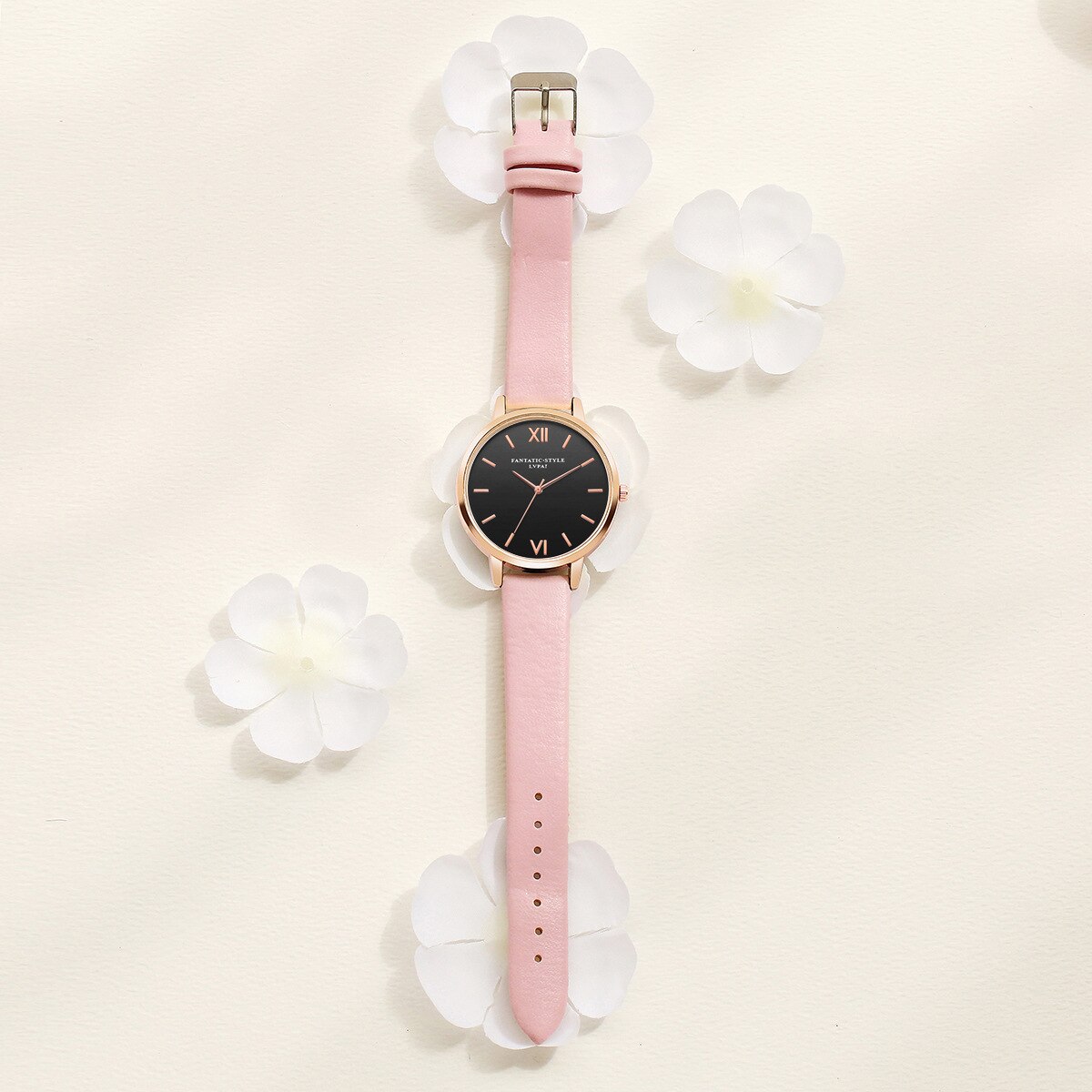 Kvinnor kvarts armbandsur läder dam 4 st armband klocka fritidsklockor relogio femenino: Rosa