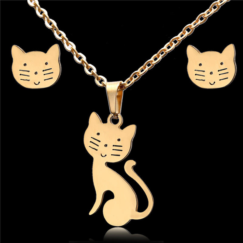 Rinhoo Dier Vlinder Rvs Hanger Ketting Sets Voor Vrouwen Kat Visgraten Ketting Oorbellen Sieraden: Cat-4