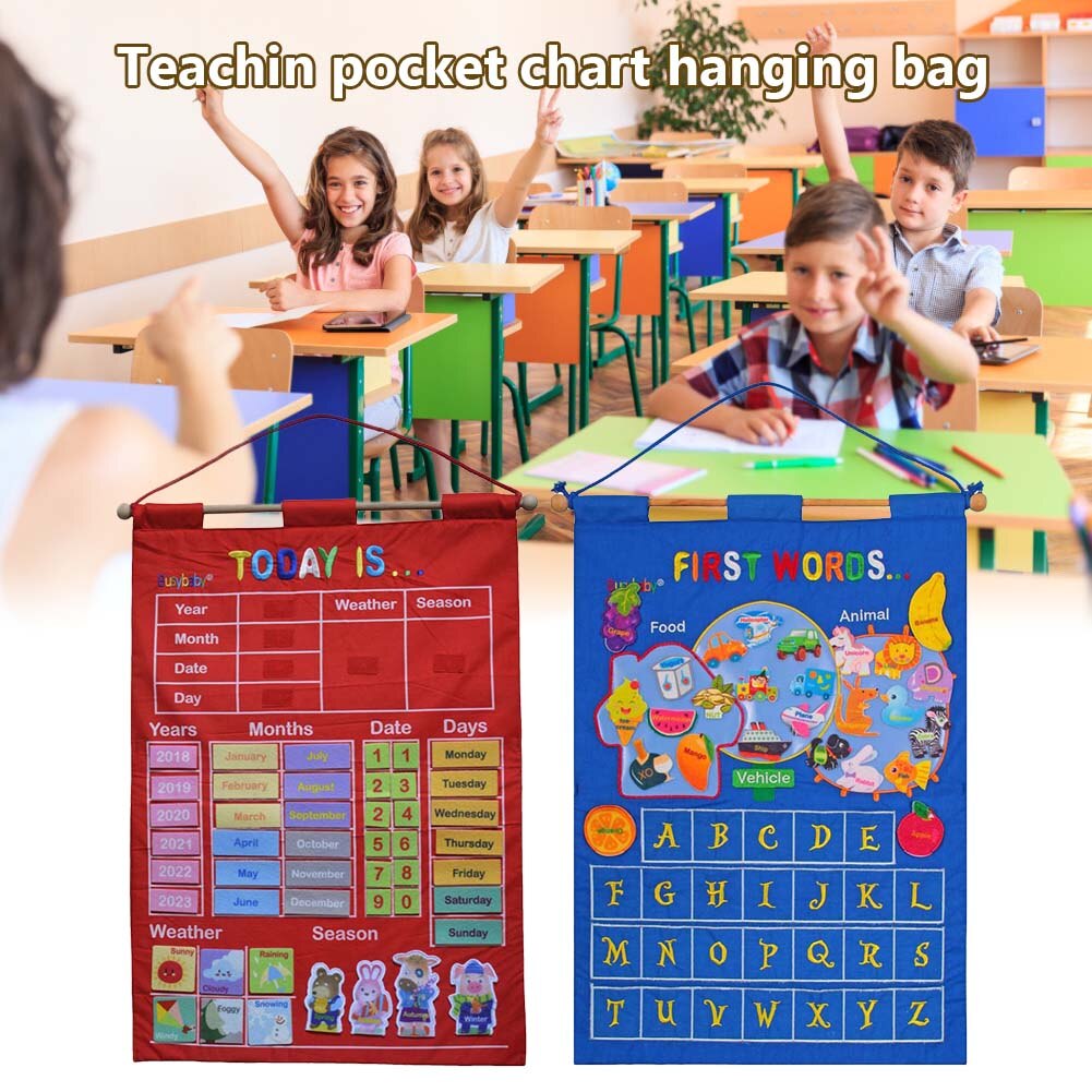 Kindergarten Infant Teaching Educational Toy Cloth Learning English Letter Weather Date Season Teach Tool Calendar Hanging Bag