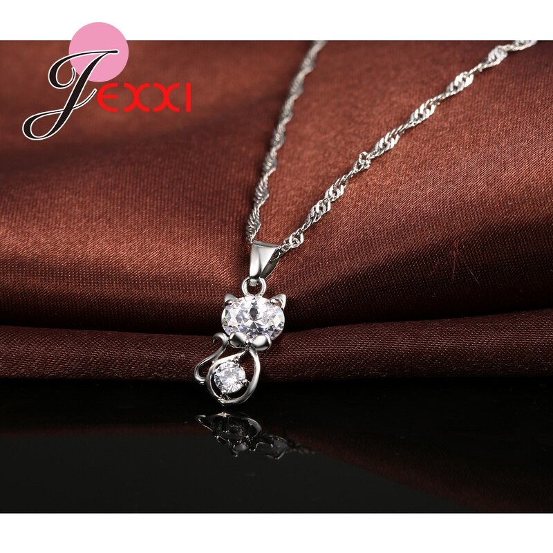 925 Sterling Silver Cubic Zirconia Wedding Jewelry Sets AAA CZ Crystal Cute Animal Cat Necklace Earrings Women Collar