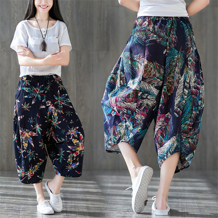Pantalones de lino y algodón con estampado Floral para mujer, pantalón holgado de pierna ancha, estilo harén Retro nacional