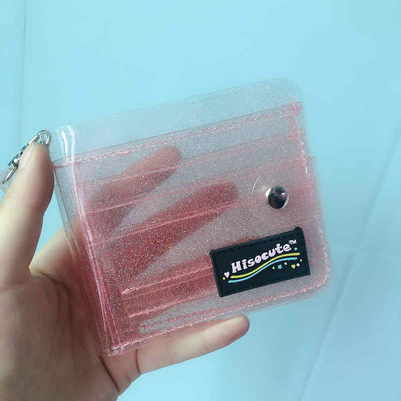 Summer Transparent Clutch Wallets PVC Folding Lanyard Short Wallet Girl Glitter ID Card Holder Business Card Case Purse: pink