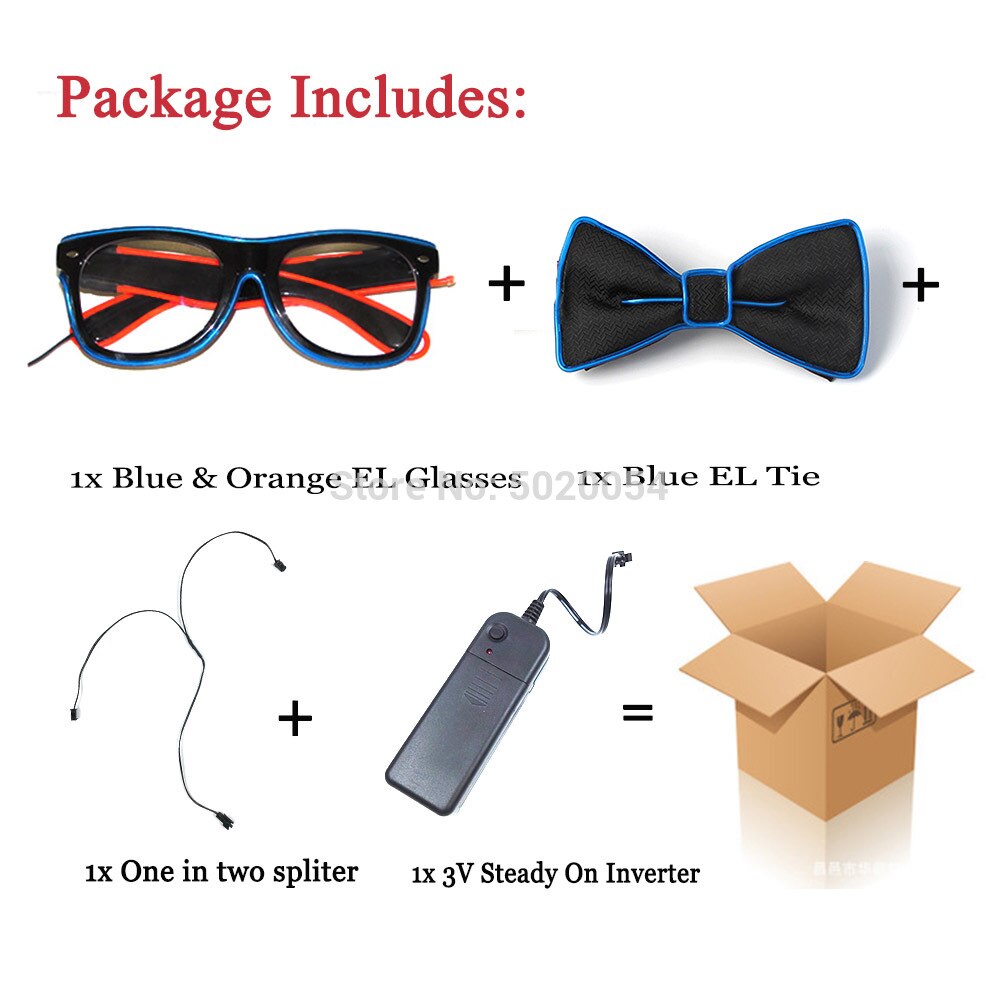 Juego de pajarita brillante con gafas EL combinadas de colores dobles para iluminar los lazos de los hombres gafas de sol luminosas Led brillantes para Halloween: Color-F