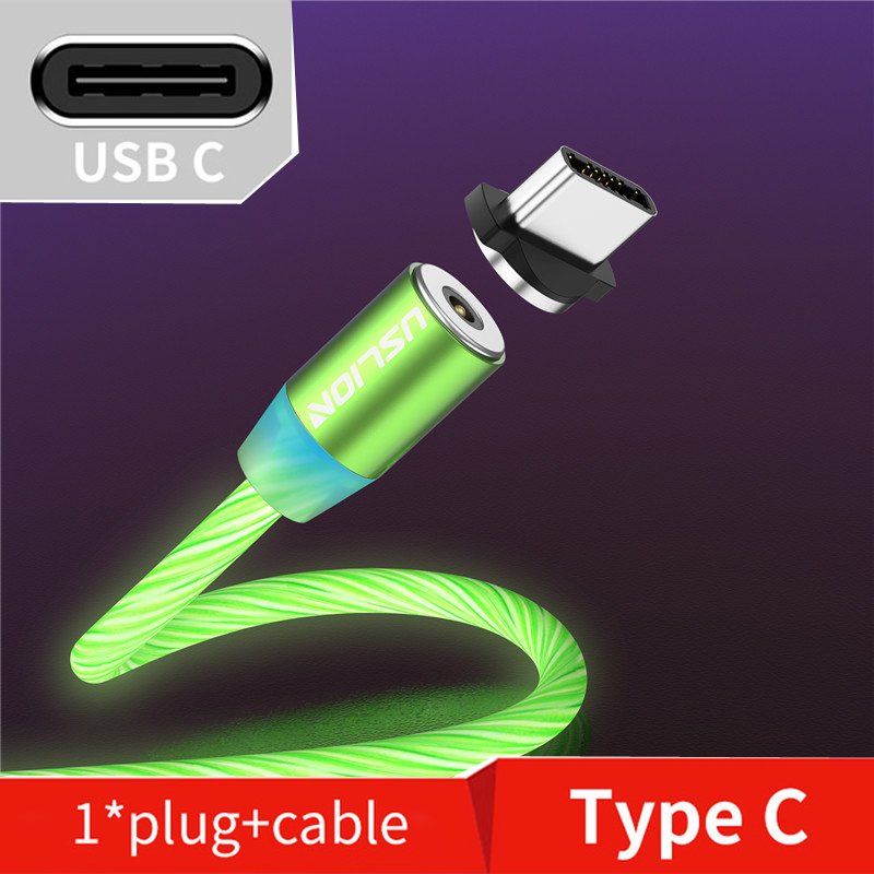 Cabo usb magnético de led uslion para celular, fio para carregador com micro usb tipo c para carregamento rápido para iphone samsung s10: Green Type C