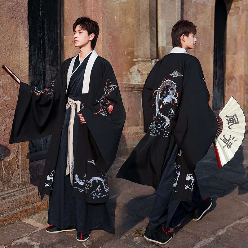 Mannen tang pak oude hanfu volkskleding zwarte geborduurde drakenjas lange jurk mannelijke festival rave outfit dnv 12442