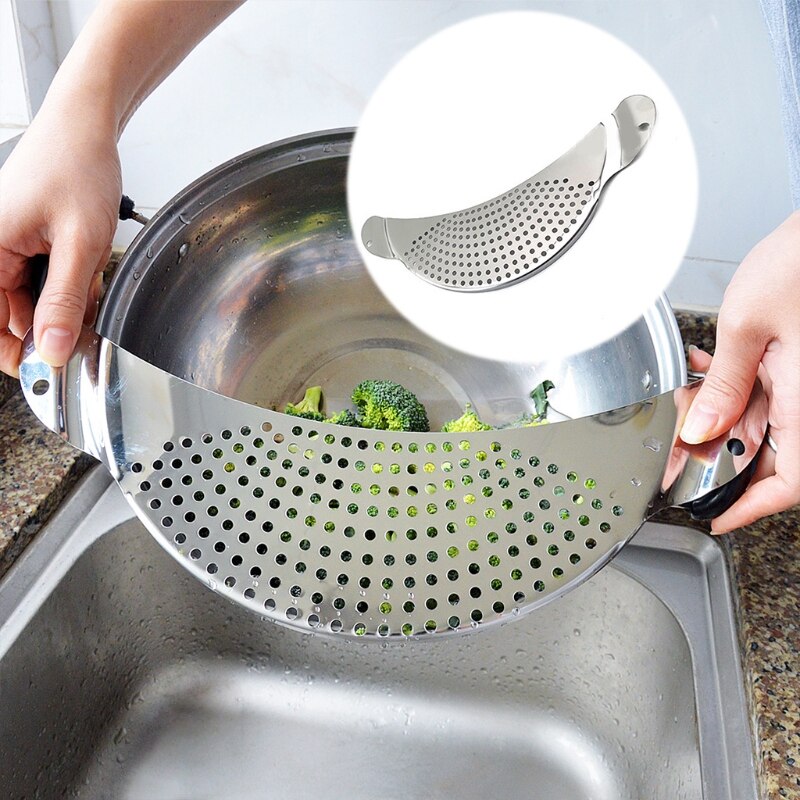 2 Pieces Stainless Steel Crescent Pot Strainer With Handle Recessed Hand Grips Suitable Wor Different Sizes 10 Inches