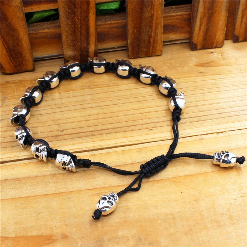 Sorriso Crânio Esqueleto Pulseiras Talão Vertente Boho Vintage Antique Banhado A Prata Handmade Woven Rope Artesanato Bijuterias
