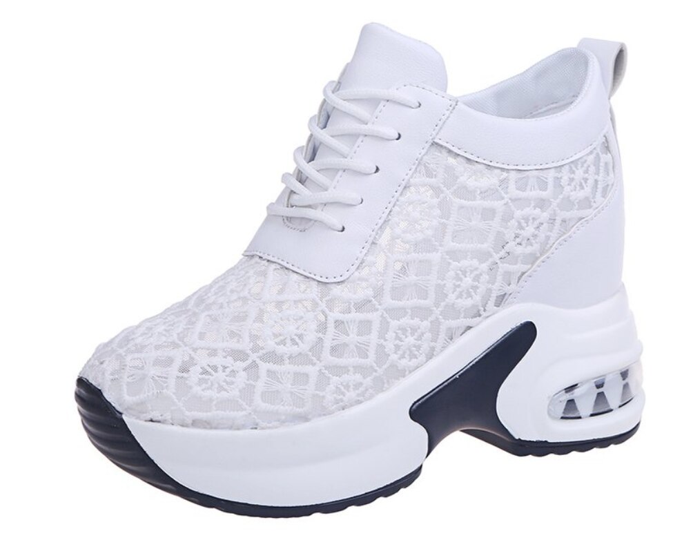 Sommar kvinnor skor kvinna andas mesh sneakers plattor spets loafers tjocka klackar plattform kilar fritidssko: Vit / 36