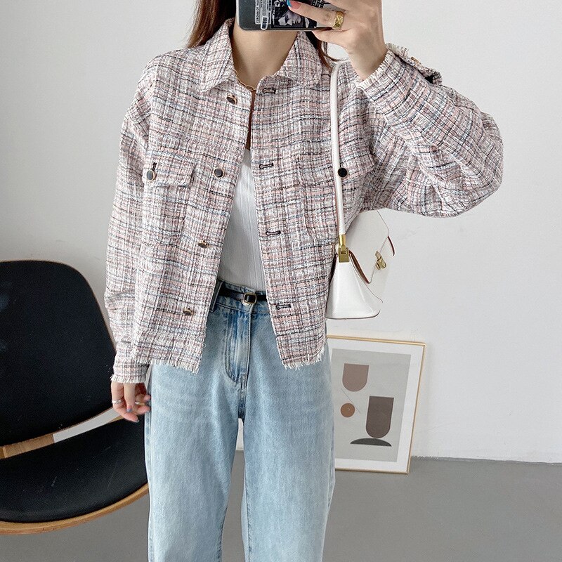 Manteau court Vintage à franges pour femmes, veste à carreaux avec poches et boutons, vêtement d'extérieur Chic,