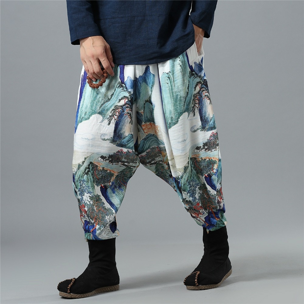 Spring Autumn Nepal Style Cross Pants Traditional Mens Cotton Linen Baggy Pants Big Crotch Extra Loose Bloomers 092601