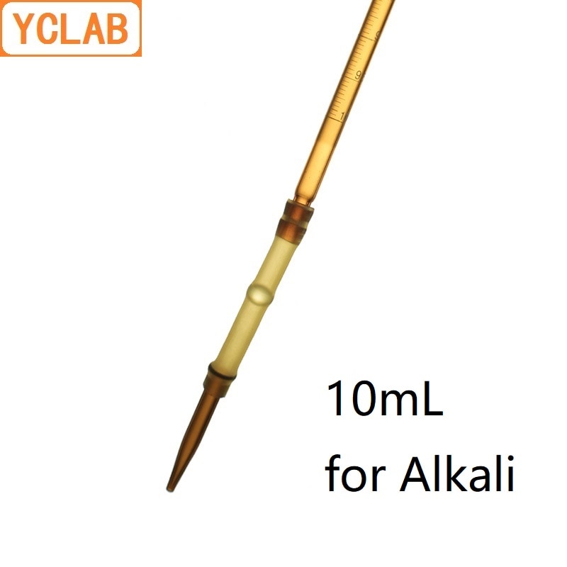 Yclab 10ml burette med gummirørforbindelse brunt ravgult glashoved og spids til alkali klasse a laboratorie kemiudstyr