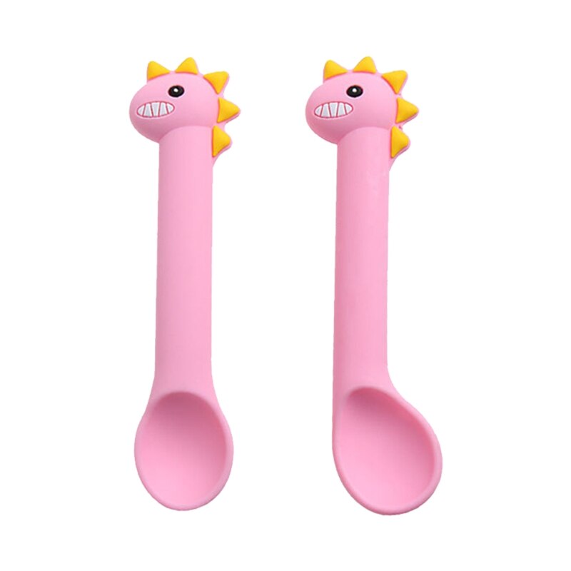 2 uds. De cuchara de alimentación de bebé, sin BPA, utensilios de silicona con bonitos dibujos animados de dinosaurios, vajilla de entrenamiento de aprendizaje infantil: Rosa