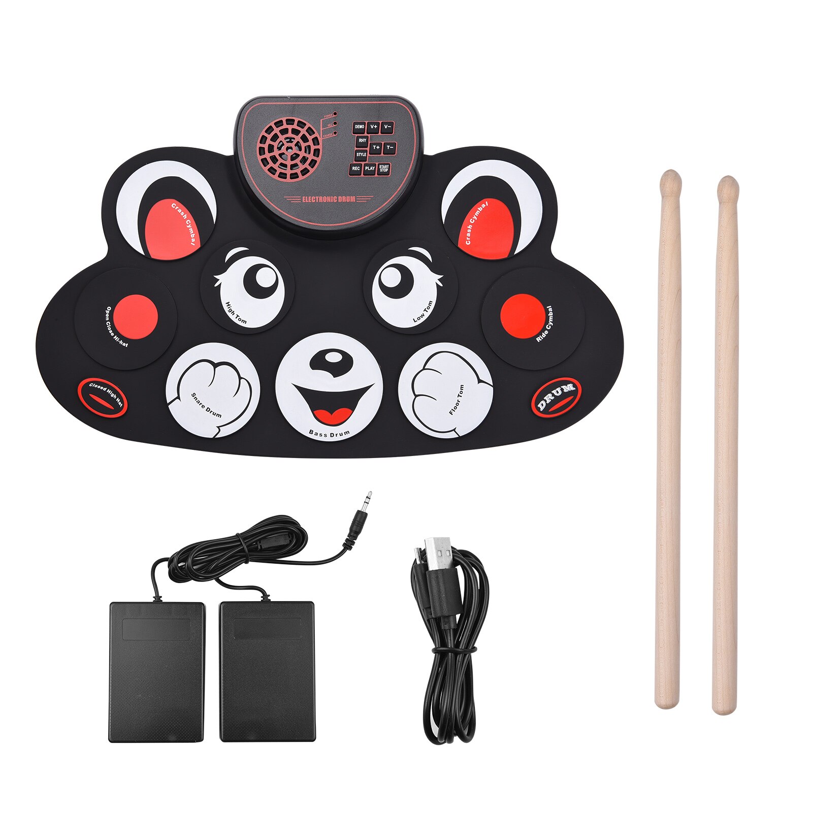 Roll-up Electronic Drum Pad Digital Drum 10 Rhythms Record 3.5mm Microphone Input Headphone Monitoring External Speaker Output: Red