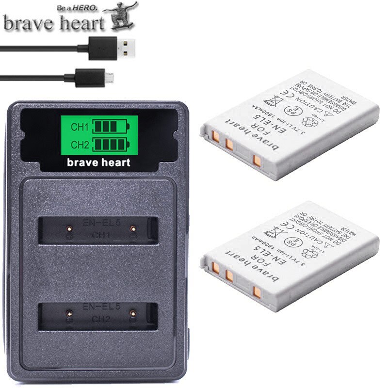 4 stk 1800 mah en -el5 enel 5 en el5 batteri + usb dobbelt oplader til nikon kamera coolpix  p80 p90 p100 p500 p510 p520 kamera: Oplader og 2 batterier