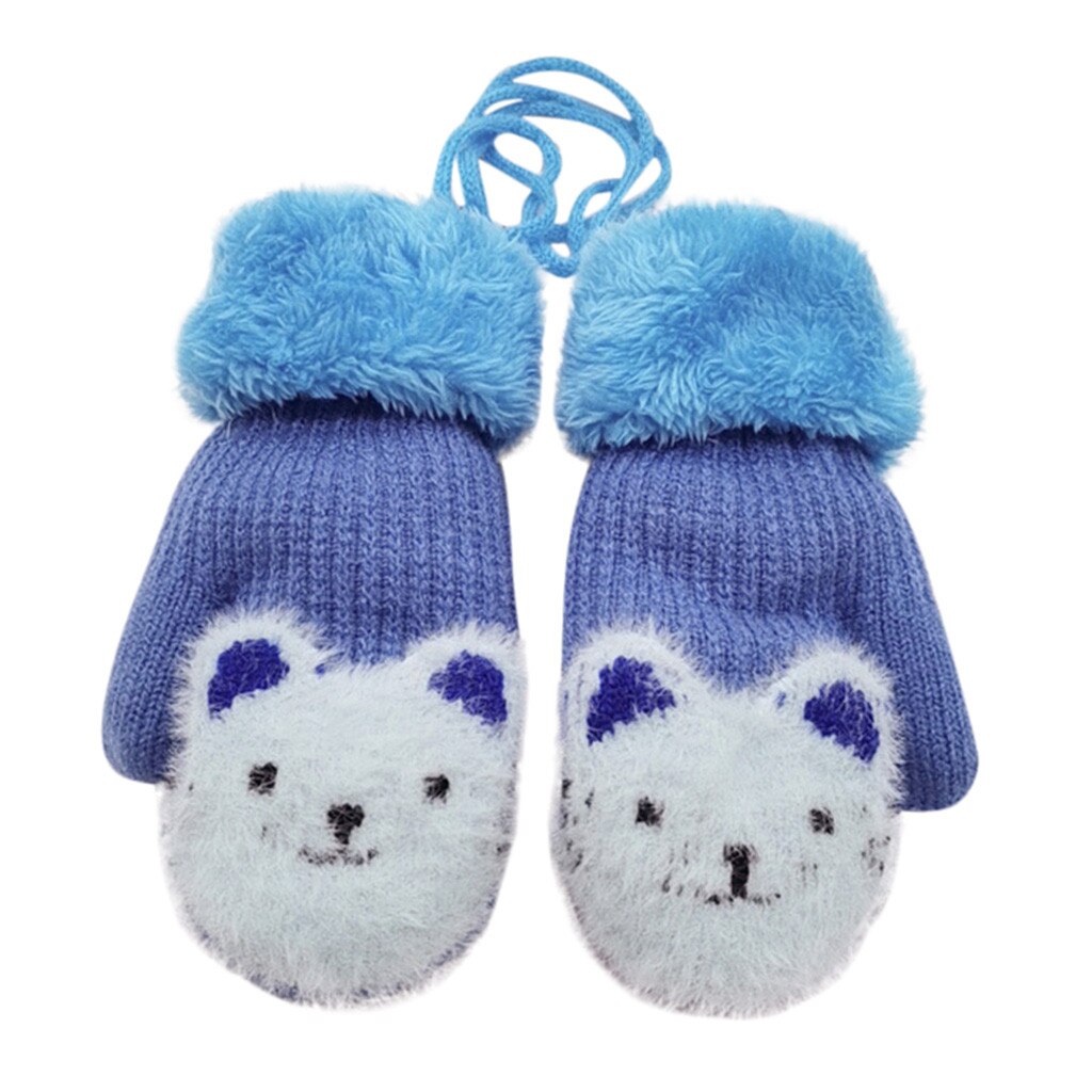 2-7Y Kinder Fäustlinge Kinder Gestrickte Wolle Plus Samt Handschuhe Cartoon Bier Baby Jungen Mädchen Volle Finger Warme Handschuhe Halten mit seil