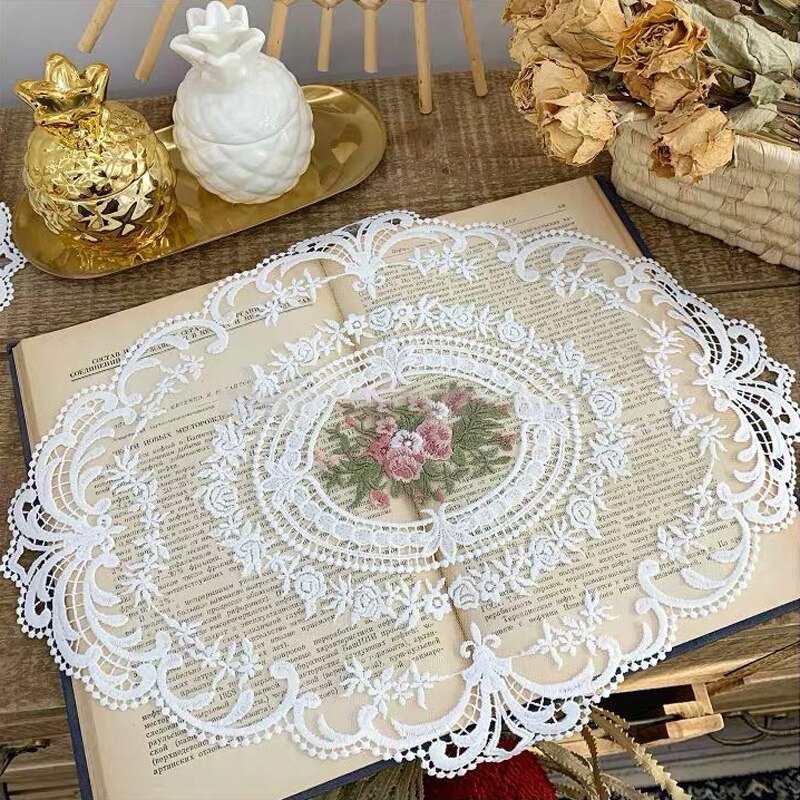 Napperon de Table en dentelle ovale de 37x29CM, napperon blanc brodé, tasse, dessous de verre, serviette de cuisine: white