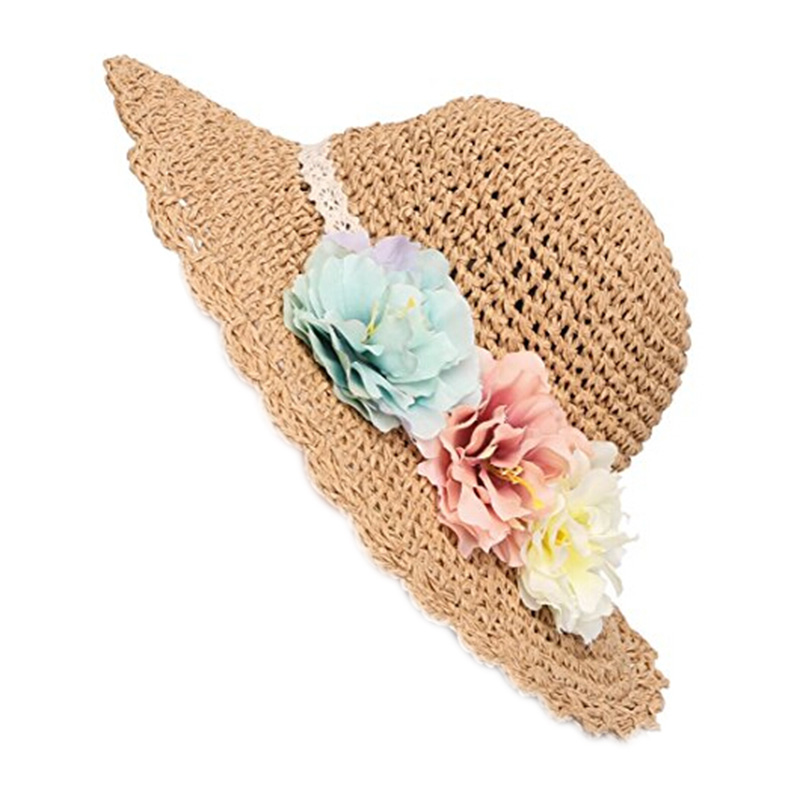 Summer KTFGS Floral Straw Hats Fedora Hat Children Visor Beach Sun Hat Wide Brim Floppy Beach Sun Visor Hat with Flowers, Khaki