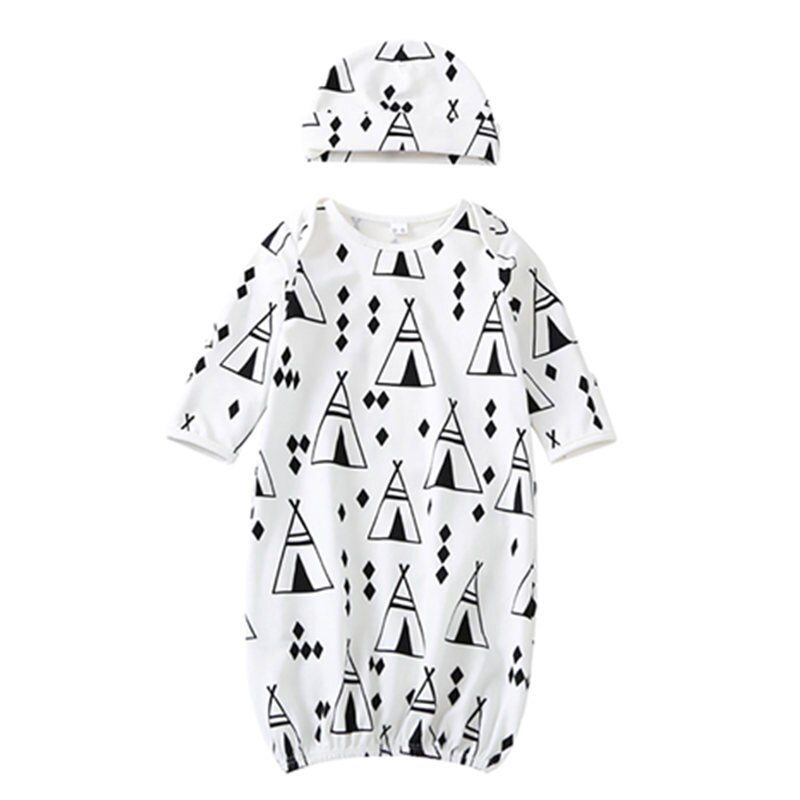 Nyfødte kjortel piger drenge tegneserie tøj mønster kjole nattøj bomuldstøj + hætte sovende: B / 6m