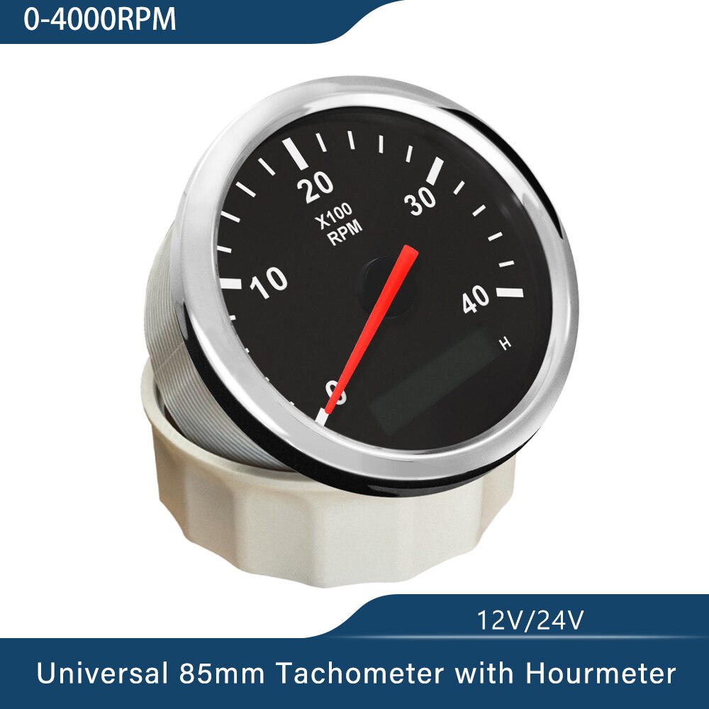 3-8K RPM Tachometer Gauge Tach Sensor REV Counter with Hour Meter 85mm Gasoline Diesel 12V 24V Red Backlight Waterproof