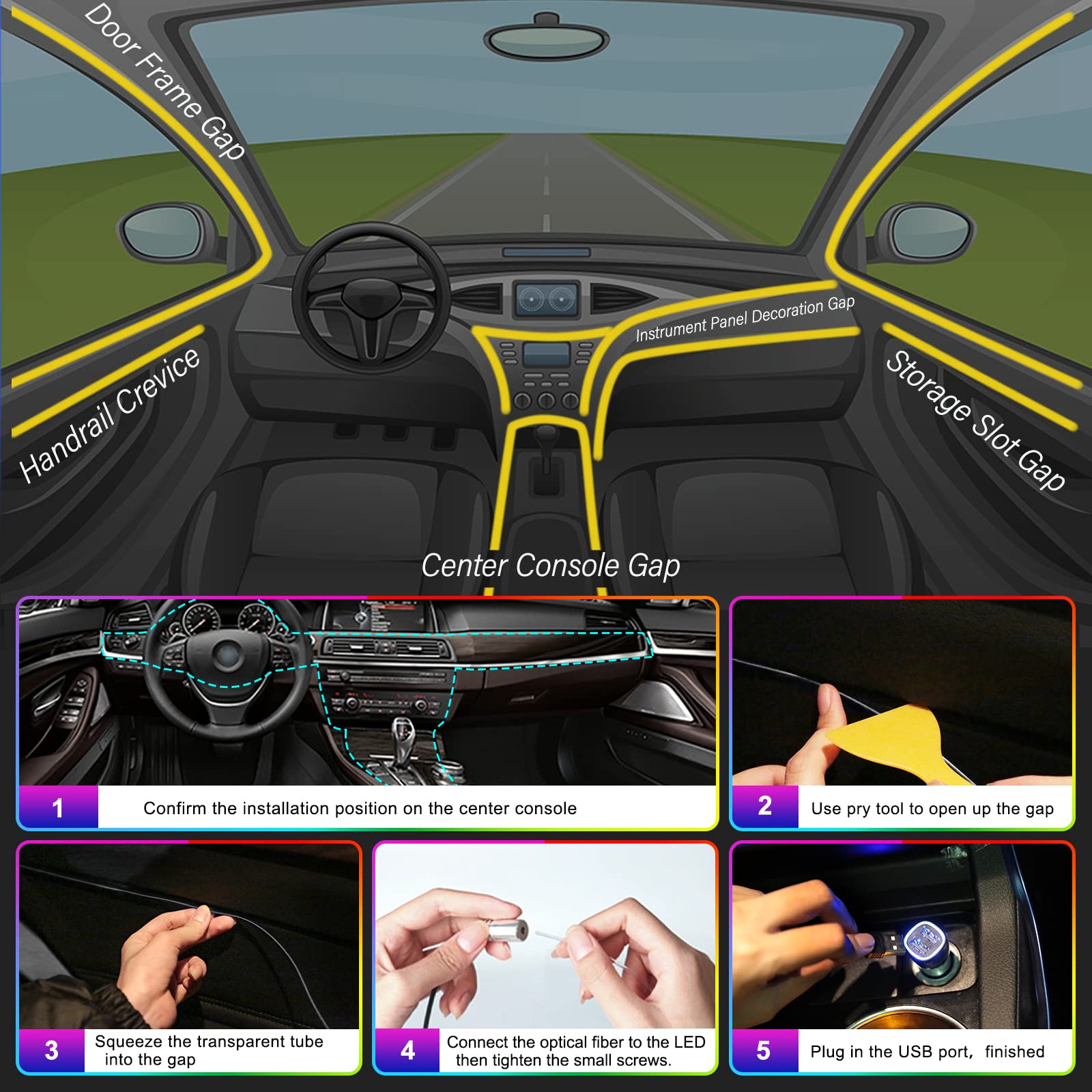 Tira de luces LED para Interior de coche, Kit de iluminación de neón de fibra óptica RGB con Control remoto por aplicación, lámparas decorativas automáticas
