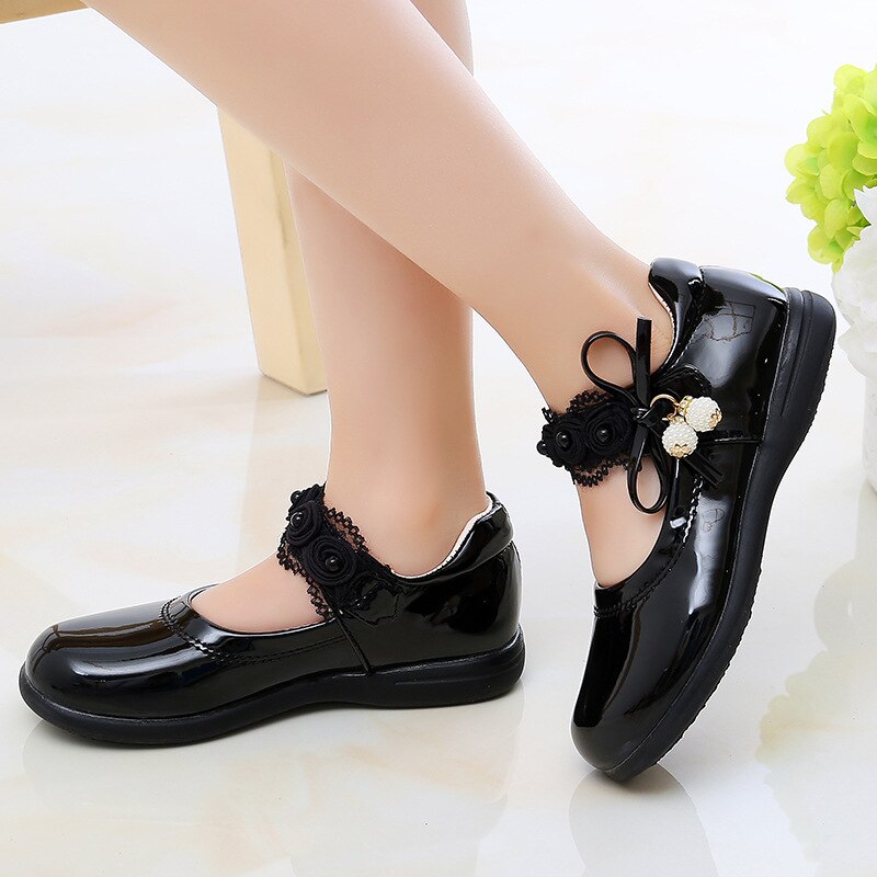 Princess Flowers Bow Little Girl Dress Big Kids Bead Leather Shoes Children'S Wedding Party Shoes 3 4 5 6 7 8 9 10 11 12