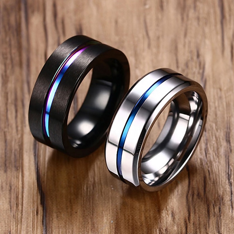 Sort sølv farve rustfrit stål ringe til mænd regnbue tynde ringe ringe bryllup band mandlige alliance smykker 8mm