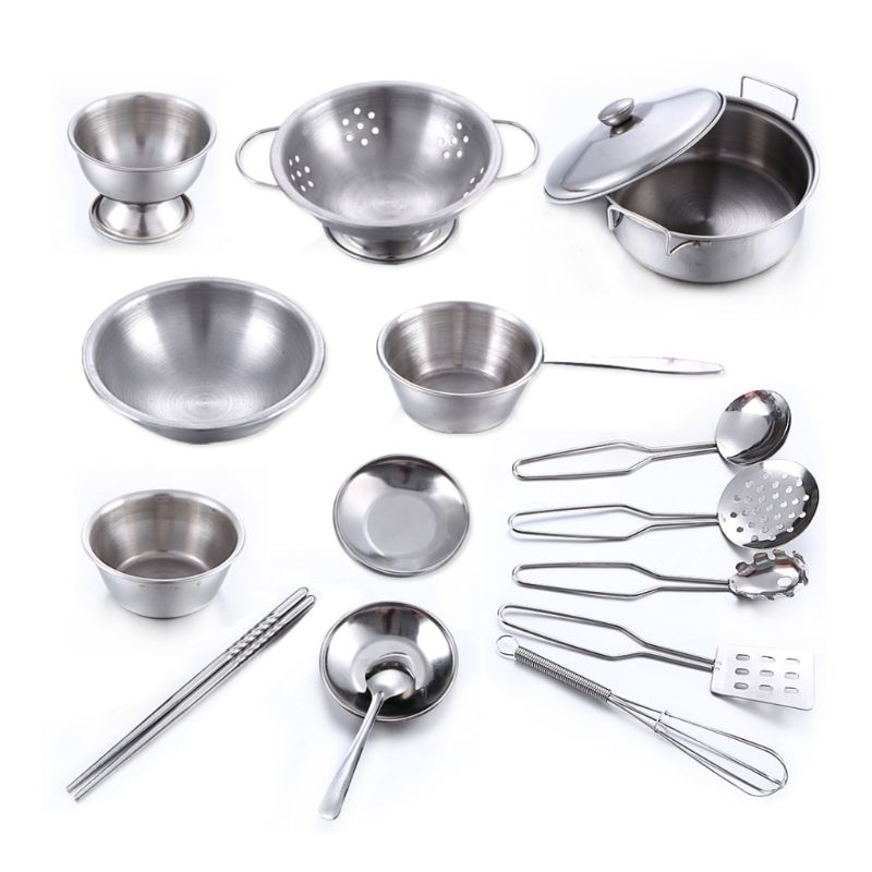 Stainless Steel Kids House Kitchen Toys Cooking Cookware Pots Pans Pretend Play Playset Utensils