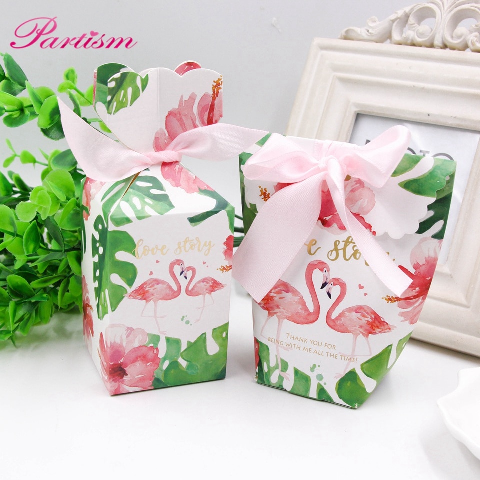 1 Set Flamingo Candy Box Bedankt Bloemen Lint Patroon Kraftpapier Bruiloft Gunsten Box Voor Gasten Feestartikelen