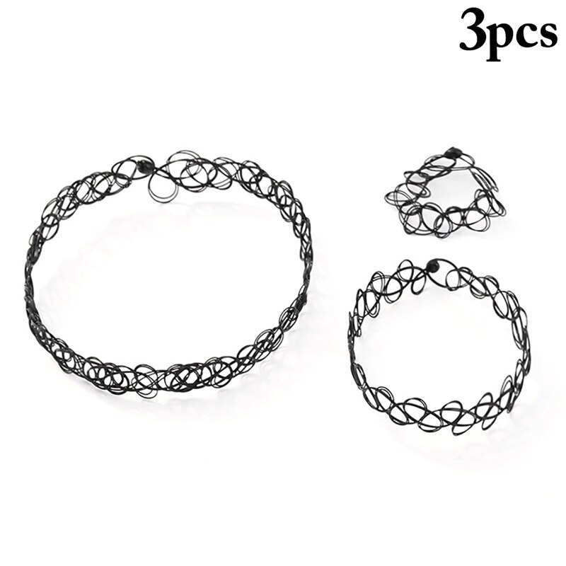 3Pcs Vislijn Choker Ketting Set Stretch Tattoo Ketting Met Armband En Ring Vinger Elastische Hollow Chocker Sieraden