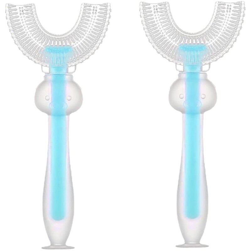 2 pezzi per bambini a forma di U spazzolino da denti in Silicone per la pulizia dei denti spazzole per denti a bocca intera 360 ° denti orali puliti per 6-12 anni: Blue