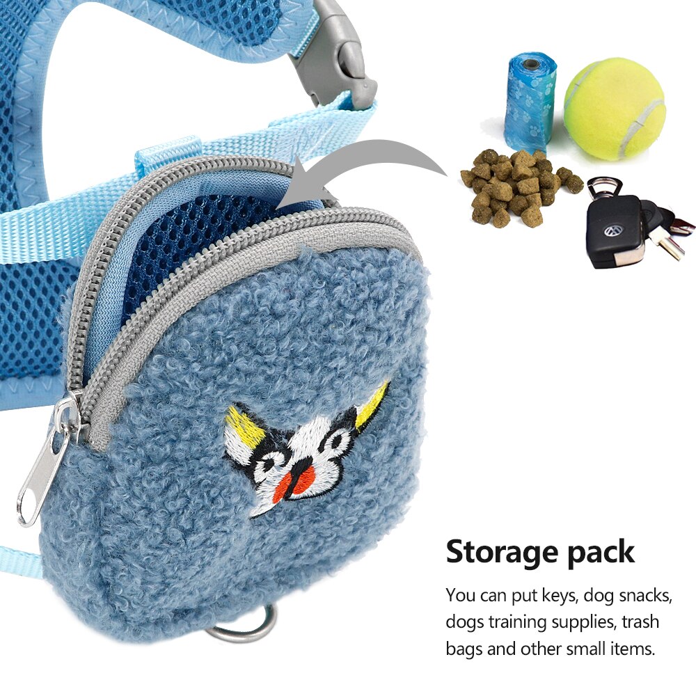 Lille hundesele snor med snackpose nylon chihuahua hvalpe kat sele bly flannel kæledyr mops seler til små mellemstore hunde